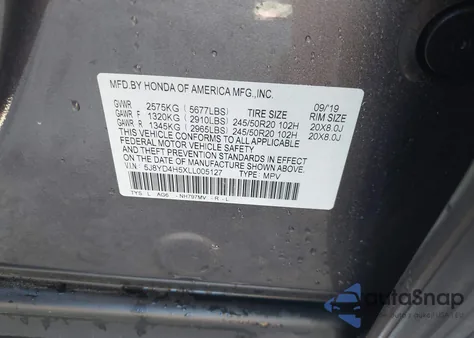 2020 Acura Mdx Technology Package z USA, uszkodzony, nr VIN 5J8YD4H5XLL005127